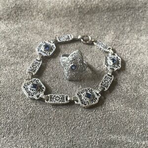 Vintage Blue Stone Art Deco Filigree Set